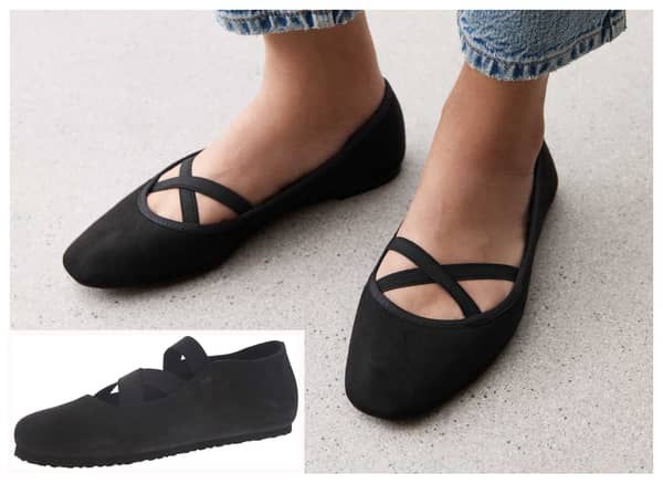 New Look's ballet flats, main image, compared to Birkenstocks' Santa Ana shoes inset