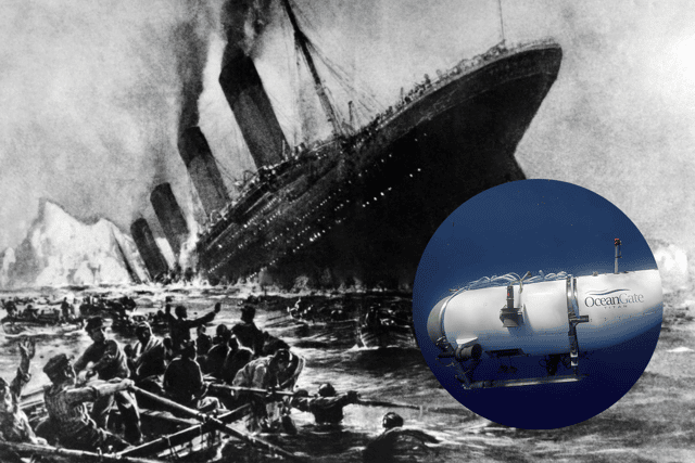 An artist's interpretation of the sinking of Titanic (main) and the Titan submersible