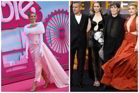 Australian actress Margot Robbie as she poses on the pink carpet during the European premiere of "Barbie" and (L-R) US actor Matt Damon, British Actor Emily Blunt, Irish actor Cillian Murphy, and British Actor Florence Pugh as they pose on the red carpet during the UK premiere of "Oppenheimer".