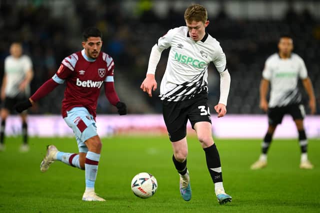Jake Rooney playing for Derby County in an FA Cup match vs West Ham United last season