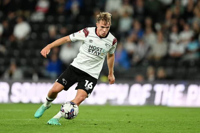 Liam Thompson playing for Derby County in a League One match vs Oxford United