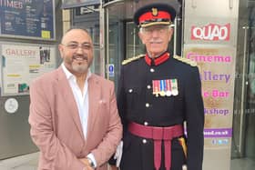 Dr. Amo Raju OBE (left) and Vice Lord-Lieutenant of Derbyshire, Colonel John Samuel Wilson, OBE (right) were attendees of the exhibition that celebrates Disability Direct’s three-decades-long service to the community 