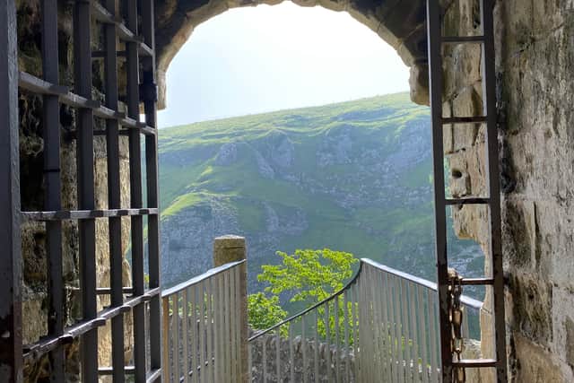 The green scenery from the keep at Peveril Castle