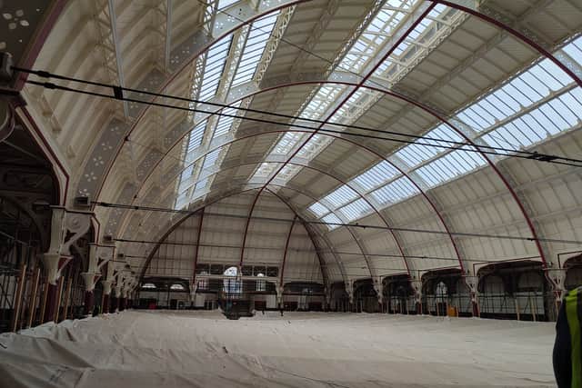 Mezzanine level under construction at Derby Market Hall shows expansive space which will feature grand views across the city upon completion