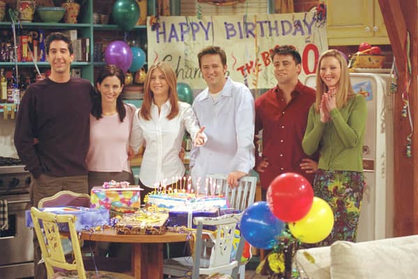 Cast of Friends pictured (L to R): David Schwimmer as Ross Geller, Courteney Cox as Monica Geller, Jennifer Aniston as Rachel Green, Matthew Perry as Chandler Bing, Matt LeBlanc as Joey Tribbiani and Lisa Kudrow as Phoebe Buffay.