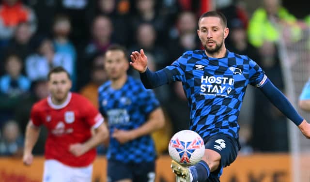 Conor Hourihane playing for Derby County against Crewe Alexandra