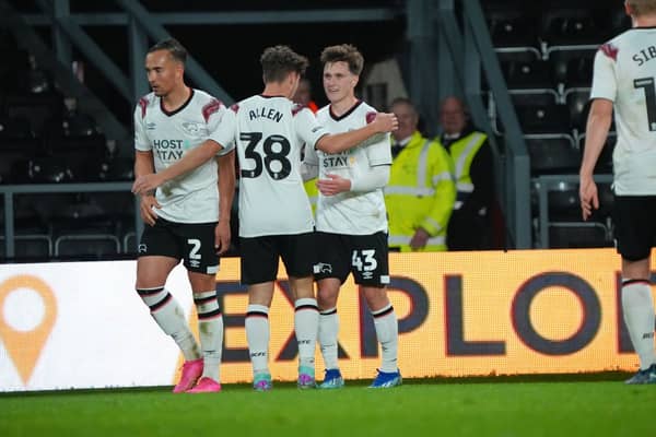 Tony Weston celebrates scoring his first goal for Derby County