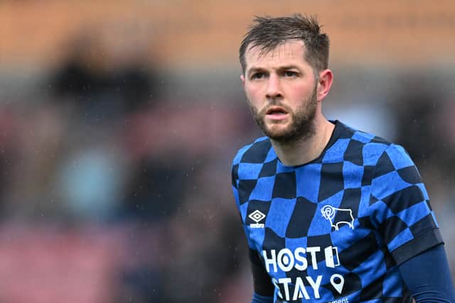Tom Barkhuizen playing for Derby County against Crewe Alexandra
