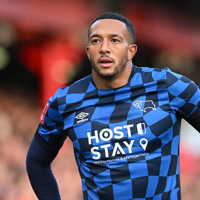 Nathaniel Mendez-Laing playing for Derby County in an FA Cup match vs Crewe Alexandra