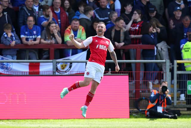 Jack Marriot celebrates scoring for Fleetwood Town in a League One match vs Ipswich Town last season