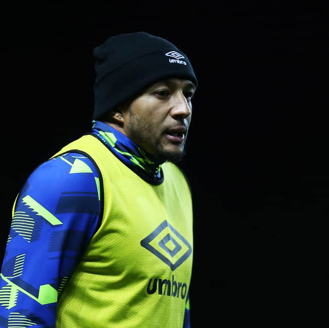 Nathaniel Mendez-Laing warming up before Derby County's League One match vs Lincoln City