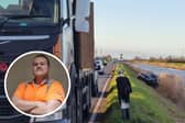 Luke Wagner, 26, was driving his HGV when he saw a silver car skid off an icy road near March,. Cambridgeshire, and plunge down a bank into a river. He help pull the man free Picture: SWNS