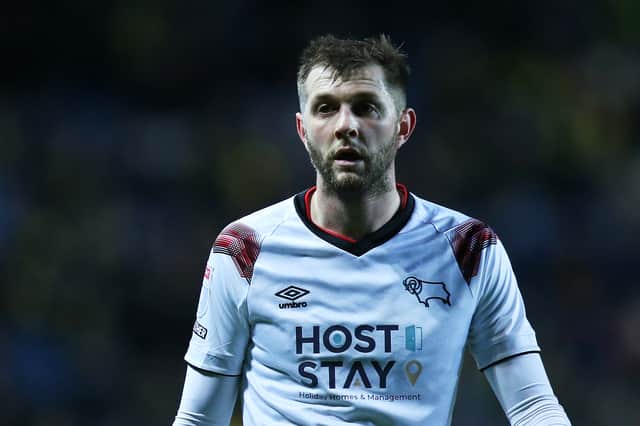 Tom Barkhuizen playing for Derby County against Bradford City