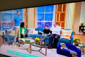 Max Palfrey and dad Matt appeared on ITV's This Morning show, where Paddy McGuinness modelled Max's creation - a striking blue t-shirt | Image Comfa