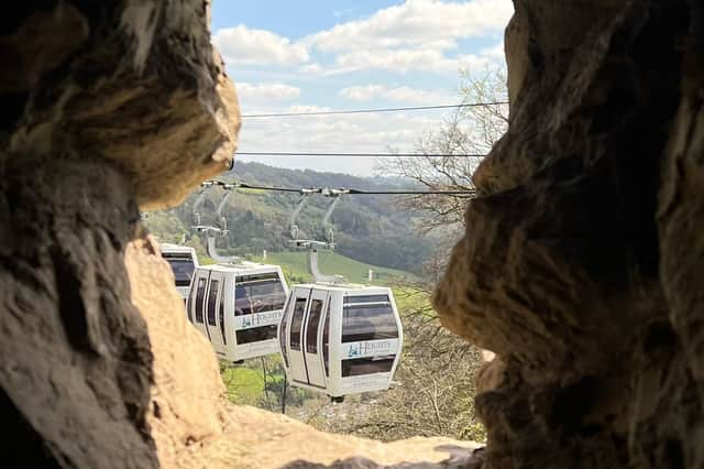 The cable cars as seen from a tiny window in the Victoria Prospect Tower 