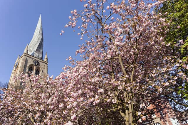 The famous Crooked Spire is 228 feet tall and has 152 steps in the tower, which people can tour and be rewarded with stunning views across Chesterfield | Photo: Destination Chesterfield and John Bradley