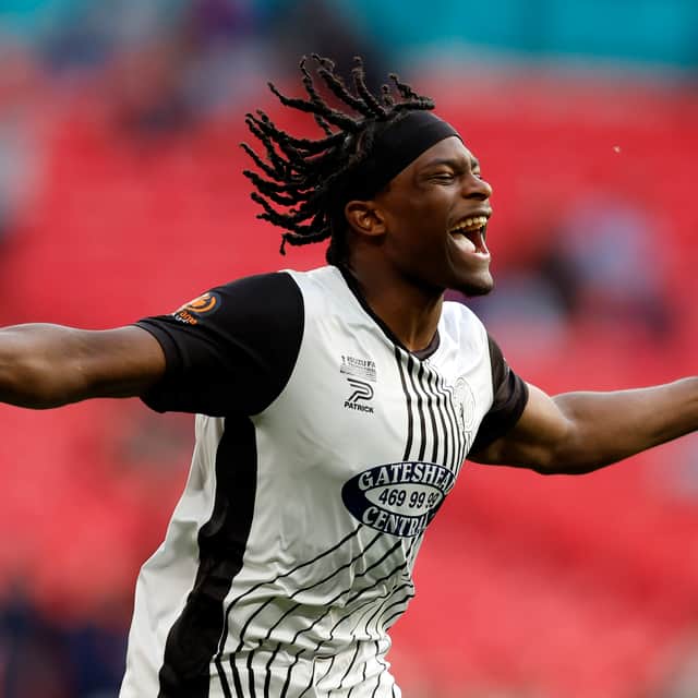 Dajaune Brown scoring for Gateshead in the FA trophy final at Wembley