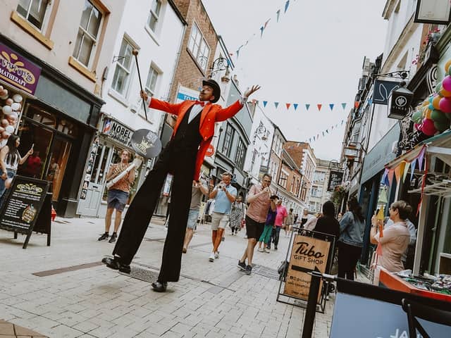 Celebrate Sadler Gate will shine a spotlight on independent businesses in the historic quarter. The June party is free and a carnival atmosphere with live music aims to delight the people of Derby on a warm summer's day. (Pictured is Top Banana Stilt Band at 2023's Celebrate Sadler Gate event.)