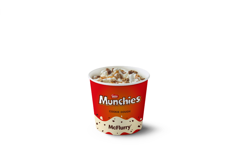 One of two new McFlurry flavours: soft dairy ice cream swirled with chocolate-coated Munchies biscuit pieces and topped with a caramel cookie dough sauce.