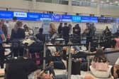 Long queues at an airport.
