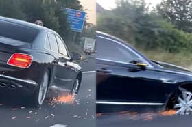 Sparks fly from Bentley as it’s driven on M25 - missing a tyre.