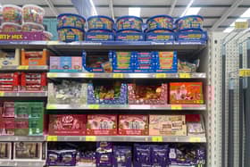 Christmas themed confectionary on the shelves at B&M Bargains in Leeds - four months before the big day (Photo by SWNS) 