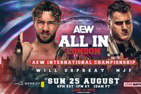 Will Ospreay looks to regain the belt shown over his shoulder in this image from MJF at AEW All In London this weekend at Wembley Stadium.