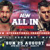 Will Ospreay looks to regain the belt shown over his shoulder in this image from MJF at AEW All In London this weekend at Wembley Stadium.