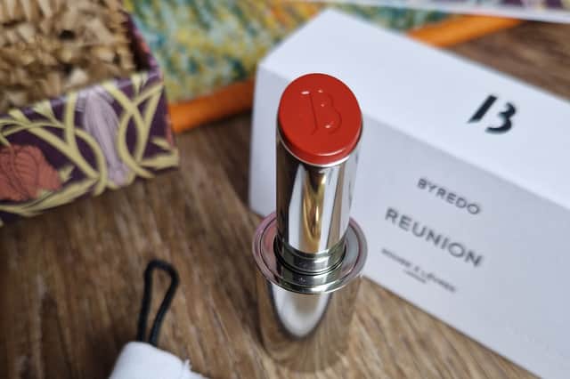 Byredo is a European luxury brand. Its Reunion lipstick is 
velvety-soft yet matte. What I love about it is the colour of elegant terracotta muddled with pillar box red for instant va va voom!