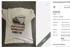 One Oasis shirt that is "unofficial" went for £730 on eBay, owing to the renewed interest in the band and the cultural impact the Knebworth 1996 shows had.