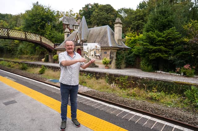 Tim Collis with his holiday cottage at Cromford Station, used as the location for the artwork for Some Might Say by Oasis.