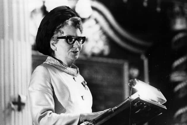 3rd March 1972:  Mary Whitehouse (1910 - 2001) in the pulpit during an interdenominational service for Women's World Day of Prayer held at the Guild Church of Saint Mary, London.