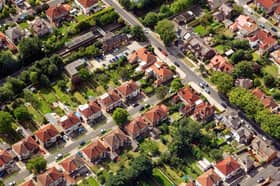 Aerial shot of houses.