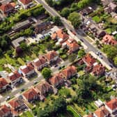 Aerial shot of houses.
