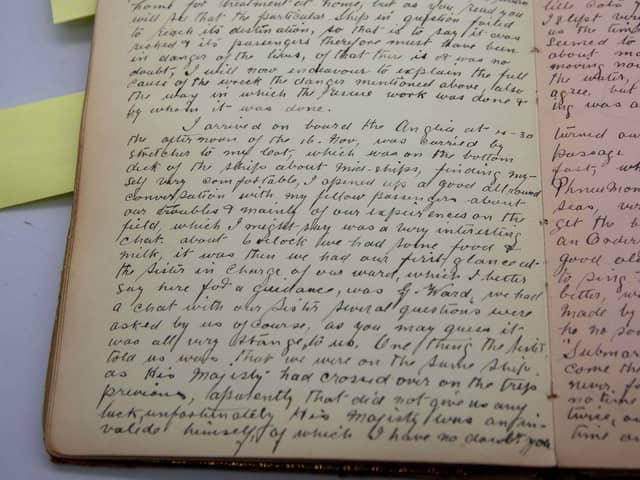 Account from hospital ship wreck survivor treated in Leicester Hospital from the WW1 album collected by Red Cross nurse Maude Alice Lineham