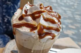 Nutcracker Caramel hot chocolate is one of the scrumptious drinks served at top Derbyshire coffee shops. (Picture taken at Costa Coffee)
