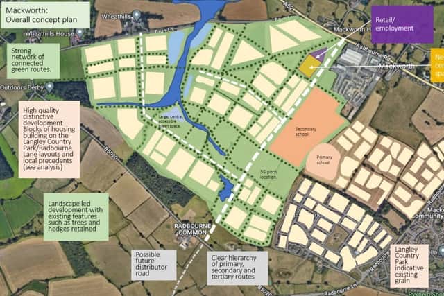 A plan showing the layout of homes and schools that could be built on land in Mackworth near the A52 Ashbourne Road and Brun Lane