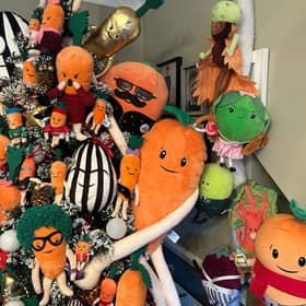 A Christmas tree decorated with over 70 Kevin the Carrot stuffed toys