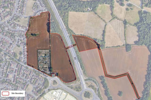 The proposed Boulton Moor Phase 3 development off Shardlow Road in Derby, bordering the A6, marked in red