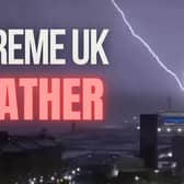 An image of lightning bolts near a football stadium