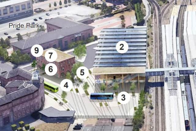An image of how a new multi-storey car park could look next to Derby Midland Station (where number 2 is)