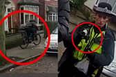Man with a knife is chased down by police officer on a bike.
