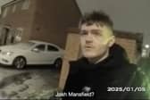 South Yorkshire Police arrest car thief Josh Mansfield after tracking his footsteps through the snow to a garden in  Doncaster, South Yorks. 