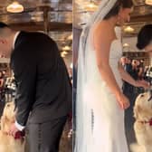 The Golden Retriever arrives at the bride and groom with the ring.