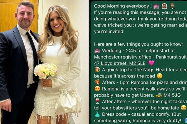 Couple surprise wedding guests with WhatsApp invite on the day.