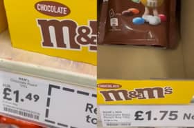 New bag of M&Ms costs same price as old bag but weighs 13g less.