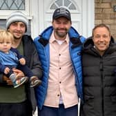 Bethany Fletcher and partner Dylan Naylor with kids Theo and Louis, and actor Stephen Graham, outside their home used for filming in hit Netflix series Adolescence.
