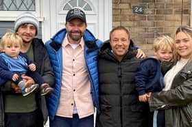 Bethany Fletcher and partner Dylan Naylor with kids Theo and Louis, and actor Stephen Graham, outside their home used for filming in hit Netflix series Adolescence.