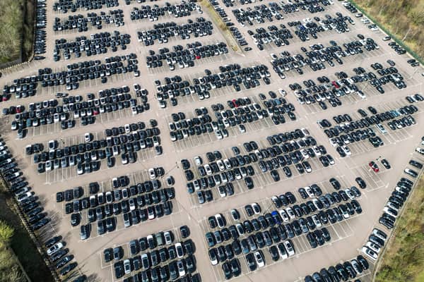 Aerial views of hundreds of vehicles ready to be distributed at the Jaguar Land Rover National Distribution Centre 