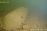 The WW2 bomb found by Adam Makewell and his son Cameron Makewell in the River Ure in Yorkshire.